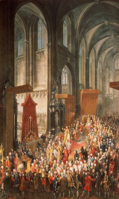 De Investituur van Joseph II (1741-90) na zijn kroning als Keizer van Duitsland in de Kathedraal van Frankfurt, 1764 door Martin II Mytens or Meytens